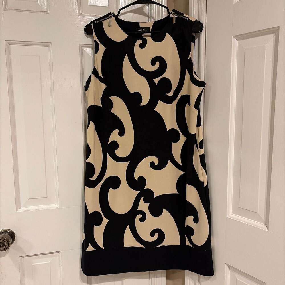ALYX Dress Sleeveless Black and Beige Swirl Print Shift Dress Size 14
